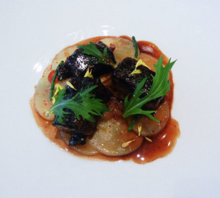 ‘aveyron’ lamb ribs braised in pinot noir, boulangere potatoes with taggiasche olives, tomato confit & mizuna leaves