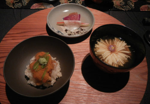 Sea urchin Rice. National Flower of Japan “Chrysanthemum” Soup
