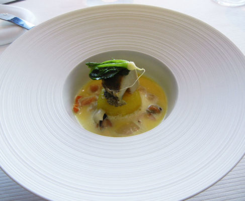 Abalone slice and poached in shellfish broth-Saffron braised turnips