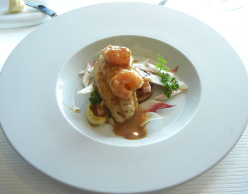 Brittany sole roasted in Sarawak pepper, small shrimp Shimaebi seared with Cognac Galette of Satoimo endive leaf.
