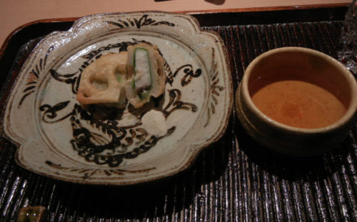 Deep-fried – Silver Pomfret, Oba Herbs and Sliced Lotus Root, Garnished with Arrowhead