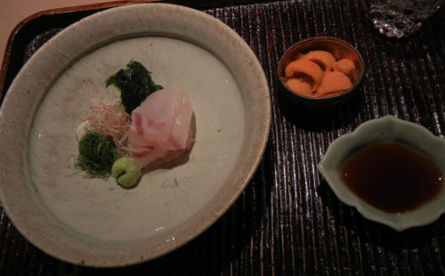 Sashimi- Sea Bream and Fresh Sea Urchin, Garnished with Fresh Seaweed and Japanese Herbs, Steamed Abalone with Stock Jelly