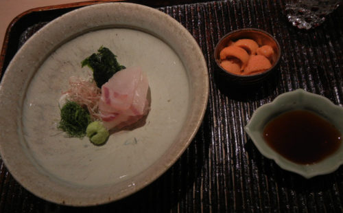 Sashimi- Sea Bream and Fresh Sea Urchin, Garnished with Fresh Seaweed and Japanese Herbs, Steamed Abalone with Stock Jelly