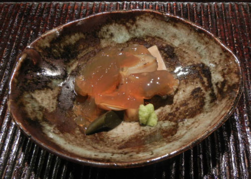 Sashimi- Sea Bream and Fresh Sea Urchin, Garnished with Fresh Seaweed and Japanese Herbs, Steamed Abalone with Stock Jelly