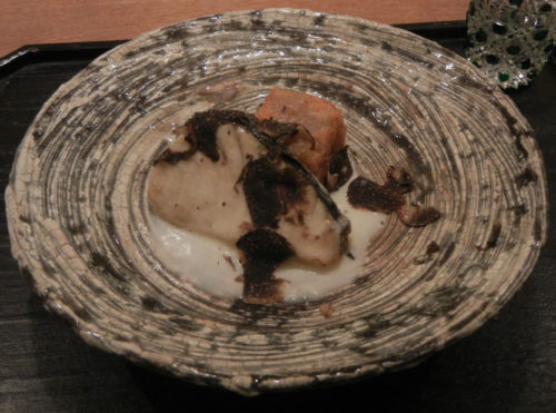 Charcoaled-grilled Spanish mackerel and Knead Lotus Root, Scattered Sliced Truffle.
