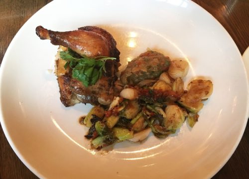 GAI YANG Kaffir lime infused Cornish game Hen 44 hours marinade, Brussels sprouts, eggplant caviar nam prik