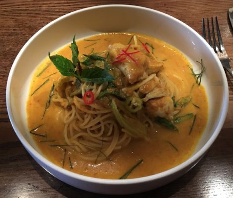 KA NOM JEEN Colossal crab curry noodle Fedelini, pickled mustard green, sweet basil