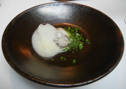 Slightly Marinated Warm Oyster With Iced Watercress Slush, Parsnip And Champagne