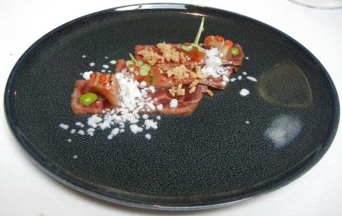 Wagyu Carpaccio With Extract Of Terragon, Smoked Mullet And Frozen Cheese Powder