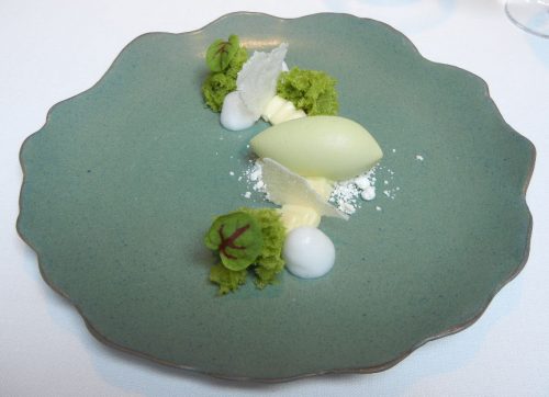  Shiso and mint leaves sorbet, acid touches and milk crisp 